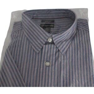 St John's Bay Mens Dress Shirt Large Cotton Blue Red White Stripe Short Sleeves